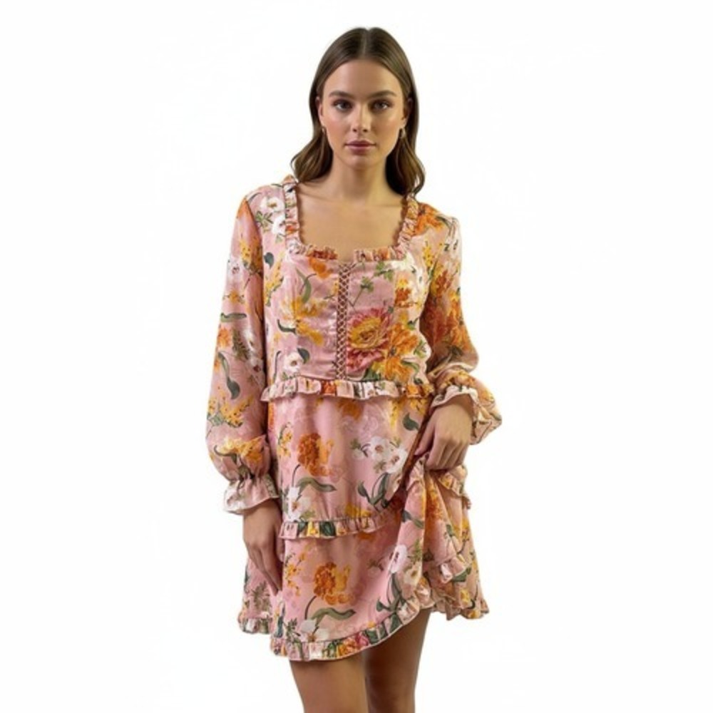 Missguided‎ Dress 12 Pink Floral Square Neck Sheer Sleeve Boho Chic Feminine